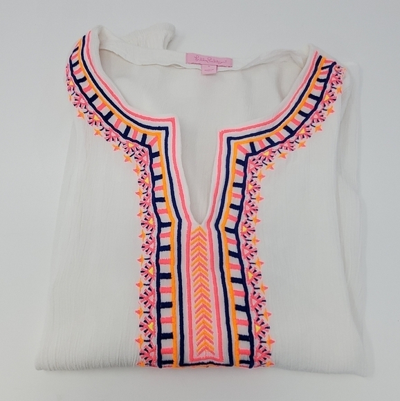 LILLY PULITZER DAHLE TUNIC RESORT WHITE NEON EMBROIDERY BID FRONT WOMEN SMALL - Picture 7 of 14